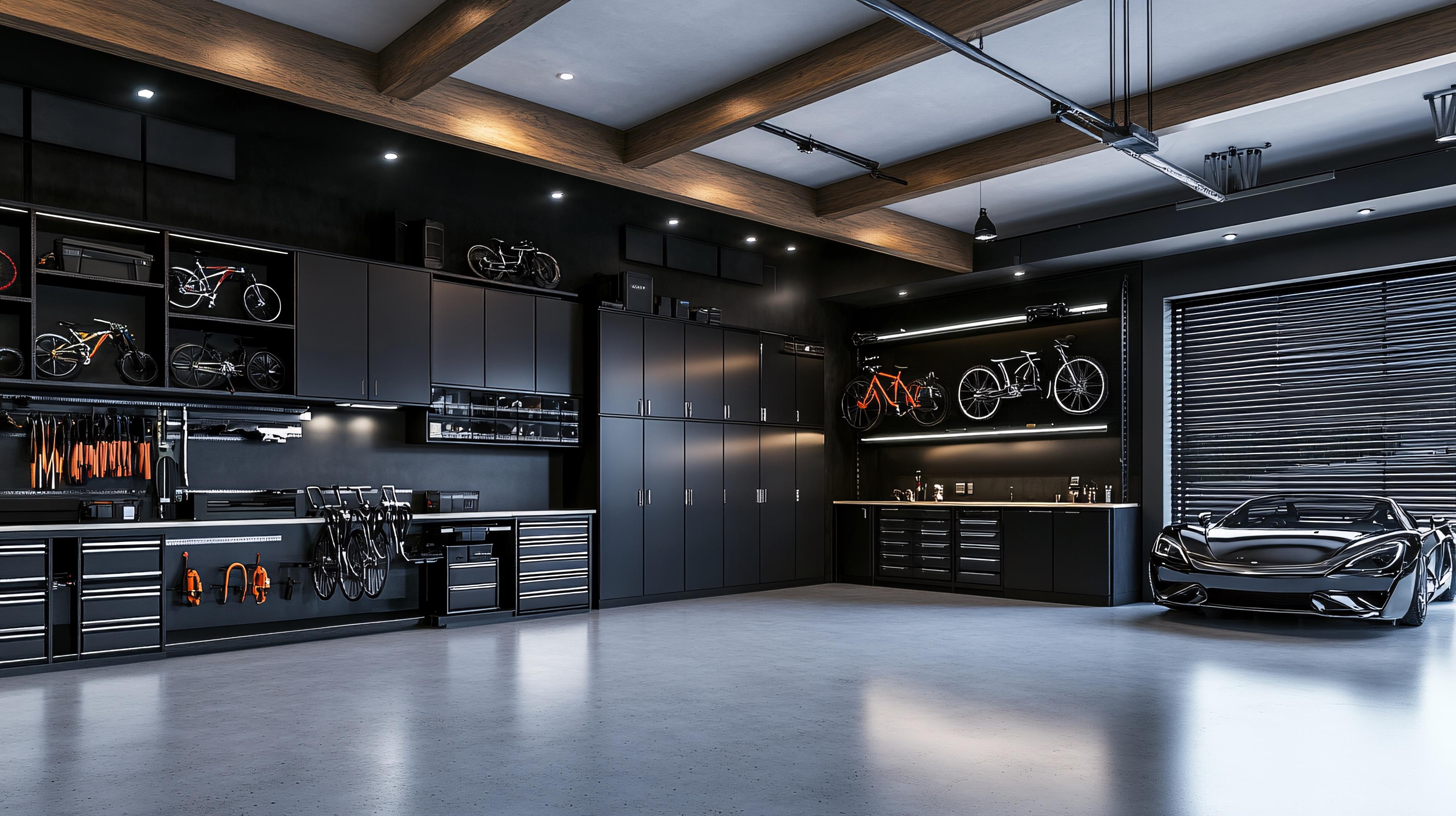 Organized garage with storage racks and tools