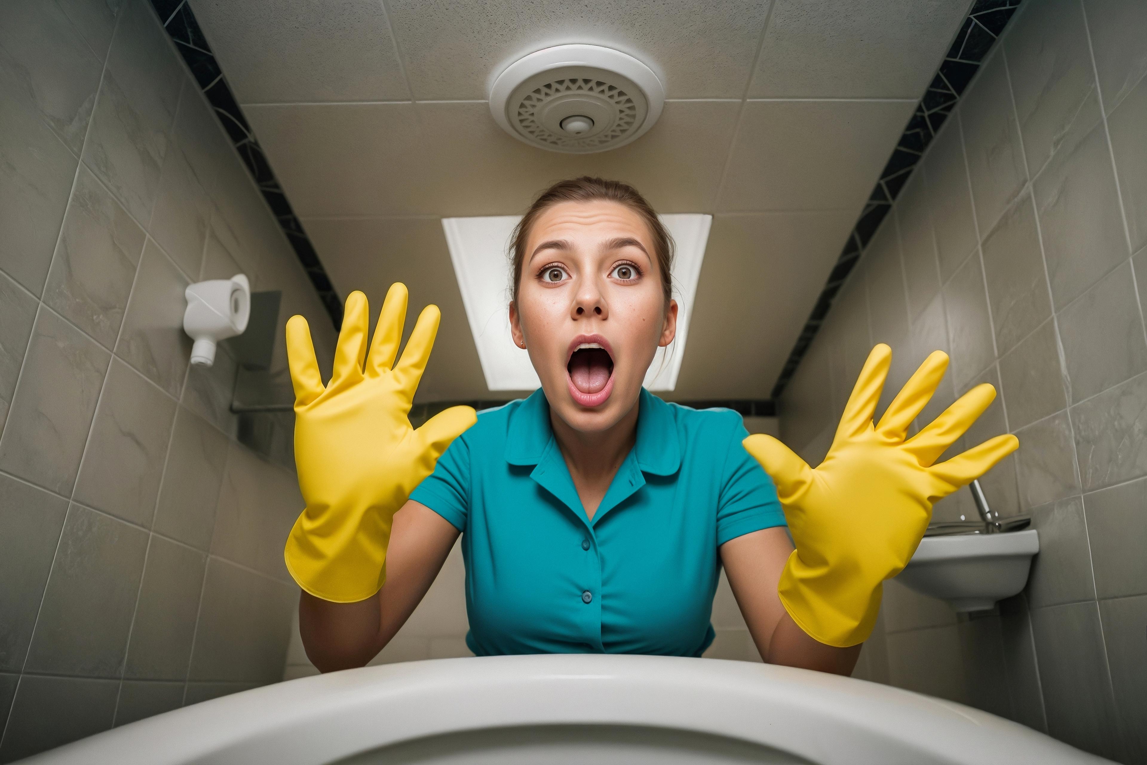 A homeowner attempting to unclog a toilet with a plunger.